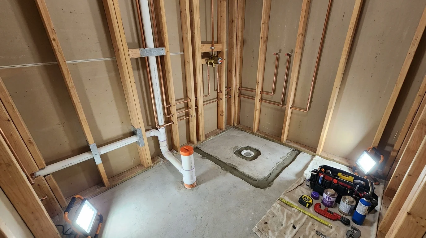 Bathroom rough-in plumbing during remodel by Johns Plumbing LLC in Wauconda