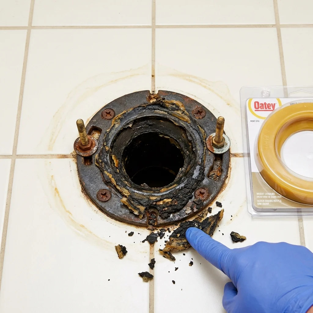 Failed wax ring showing water seepage at the base of a toilet in a Wauconda, IL home