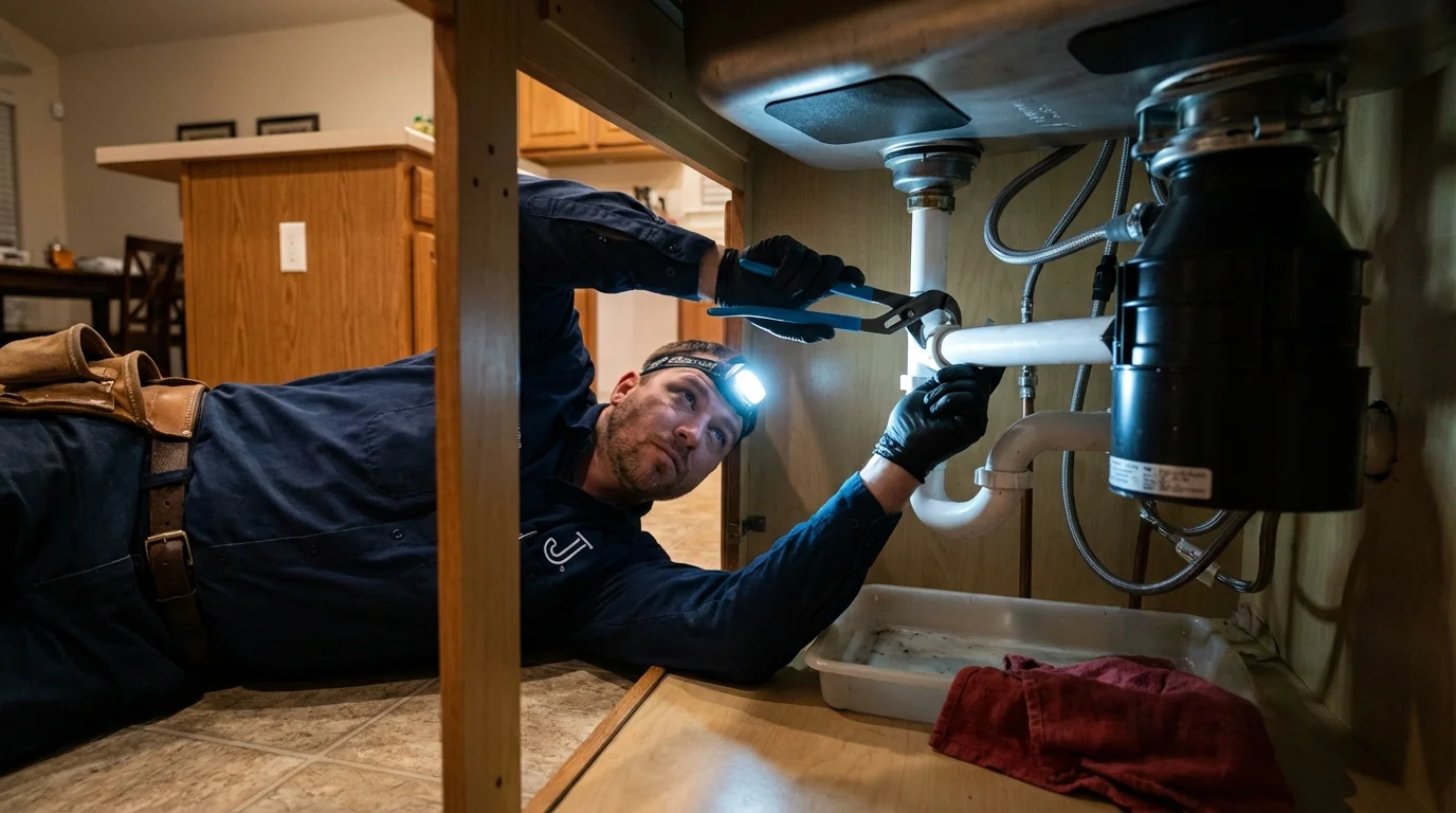 P-trap and supply line connections under a kitchen sink showing a common leak point in Wauconda, IL